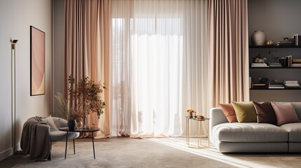 full curtains in an apartment light-colored room with subtle pops of color depth of field background. Earth-natural colors subtle pops of color high-contrasting feminine natural materials home design