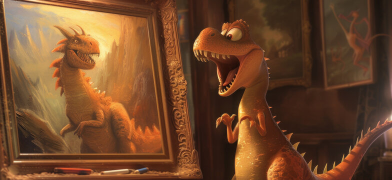 Fototapeta A dinosaur looks at a picture with a dragon, Generative AI