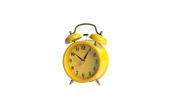 Yellow Alarm Clock. A yellow alarm clock sits on a Transparent background, ready to wake someone up with its loud buzzing.