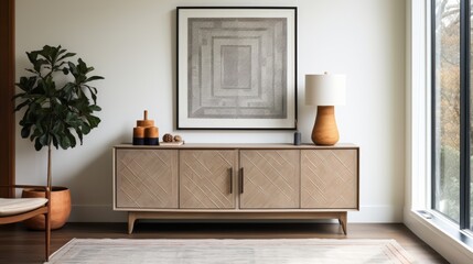 A vintage rug, paired with a mid-century modern console cabinet, creates a sense of quiet luxury in this beautiful entryway wooden cabinet console in modern contemporary home