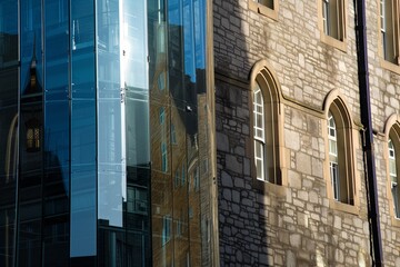 a glass tower reflecting an adjacent historic stone building
