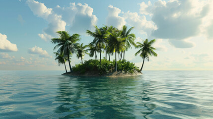 Fototapeta na wymiar Small Island in the Middle of the Ocean Surrounded by Palm Trees