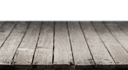 Empty wood table. Wood brown grey floor with empty white wall interior background