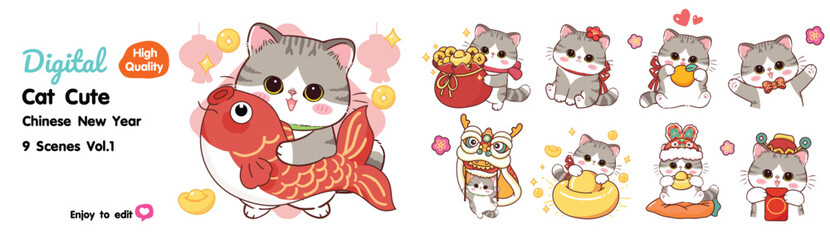 Cute little cat on Chinese New Year, 9 designs to choose from.