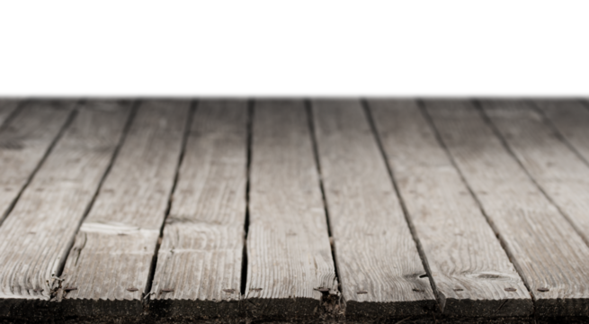 Empty wood table. Wood brown grey floor with empty white wall interior background