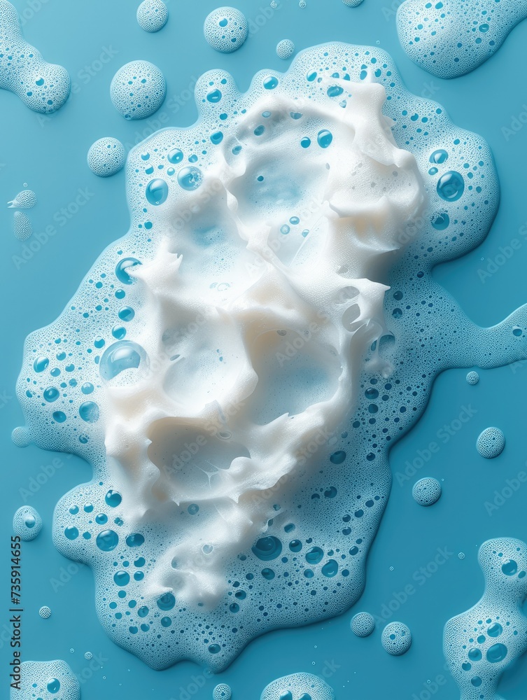 Aufkleber foamy. spot of thick shampoo foam on a blue background. top view. generative ai.