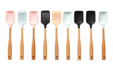 A Set of Five Spatulas With Wooden Handles. This photo showcases a set of five spatulas with wooden handles, ready for use in the kitchen.