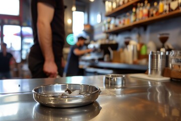 Fototapeta na wymiar stainless steel ashtray on bar counter with barista in background