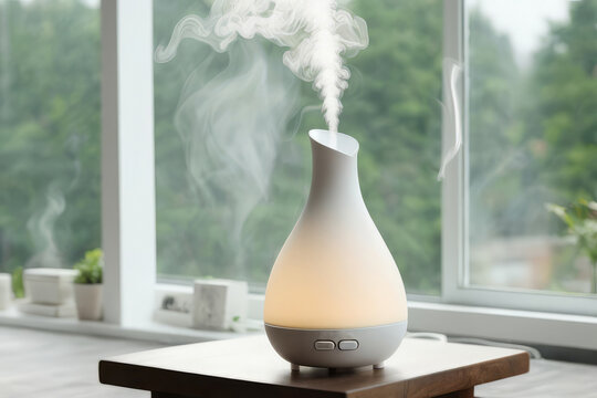 Aroma oil white glass diffuser with rising steam flow on table by window.