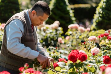 man pruning roses in a manicured garden wearing a vest and tie
