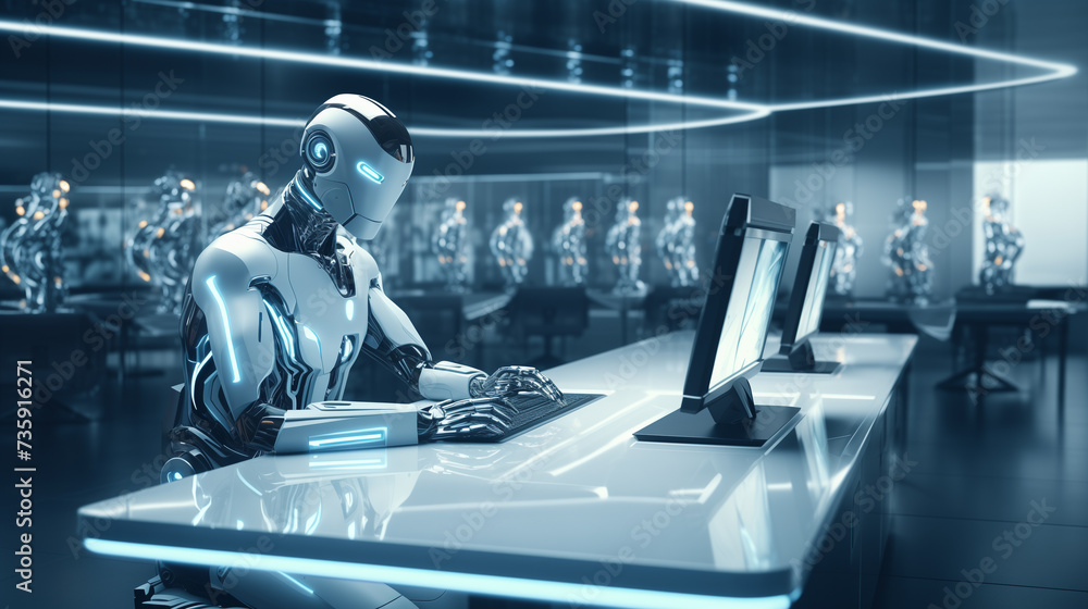Poster modern futuristic ai robot working on cyber security, artificial intelligence cyber tech, ai replaci