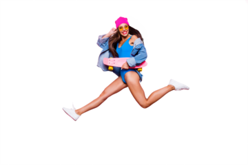 Lifestyle leisure dream dreamy person people concept. Side profile full length size studio photo portrait of funny funky cheerful careless beautiful cool girl jumping up isolated bright background