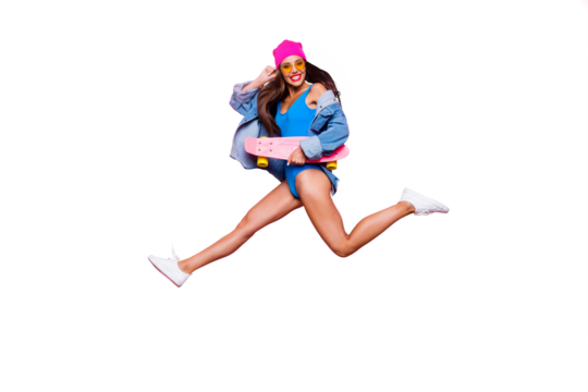Lifestyle leisure dream dreamy person people concept. Side profile full length size studio photo portrait of funny funky cheerful careless beautiful cool girl jumping up isolated bright background