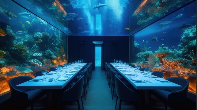 Immersive dining experience, A dining table underwater theme, marine fantasy restaurant. Generative AI.
