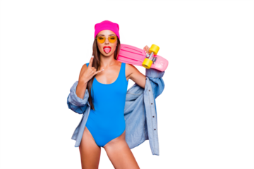 People person rest relax chill out concept. Photo shooting portrait of confident attractive stunning sticking out tongue lady holding board on shoulder isolated vivid background