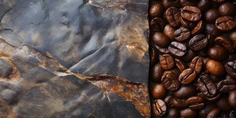 Roasted coffee beans on minimal black stone marble background,  HD