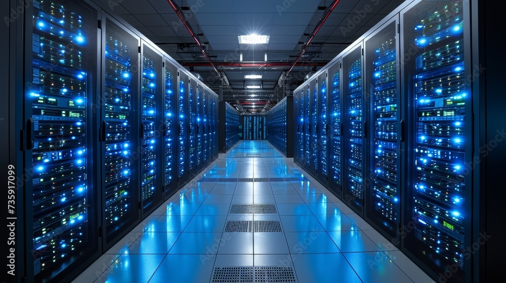 Poster Computer usage of a successful IT specialist in a data center. Work in a cloud computing facility with a system administrator.