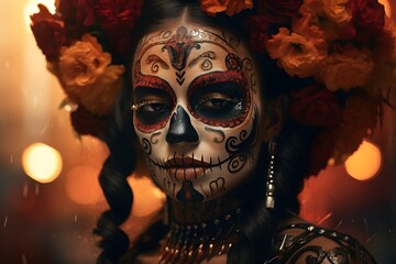 Dia de los muertos, Mexican holiday of the dead and halloween. Woman with sugar skull make up and flowers. Orange and black theme