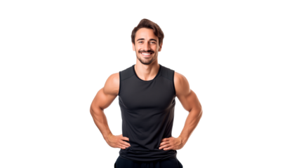 Fitness trainer man cut out. Happy fitness trainer on transparent background