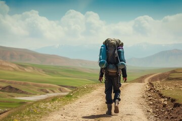 lone traveler with a backpack following an ancient trade trail - obrazy, fototapety, plakaty