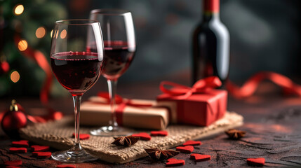 Valentine's day gift and red wine in glass with copy space, dark background. Generative AI.
