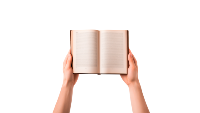 Hands holding open book cut out. Open book in hand cutout.