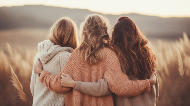 Women hugging each other back view. Women's day 8 of march. Three women together back view