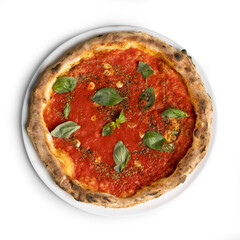 Authentic Italian Pizza Marinara, Top View, Isolated on White Background - Tomato sauce, garlic, oregano, basil leaves and olive oil