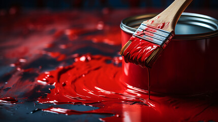 Close-up brush with red color lying on paint can. - Powered by Adobe