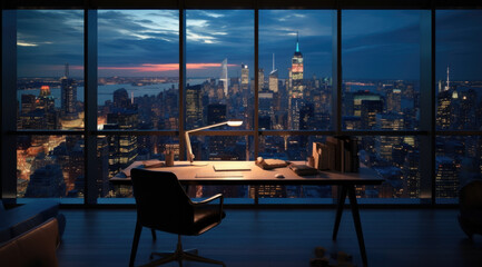 Empty office contemporary interior office with city skyline and buildings city from glass window.