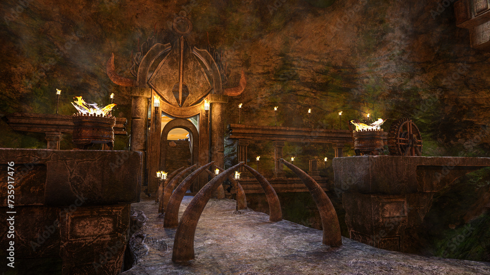 Aufkleber Huge fantasy cave home of the dwarfs. Steps lead down from an entrance to a paved path with a tunnel of large horns. 3D render.