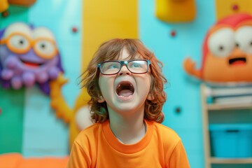 preschooler with glasses imitating characters from a kids show on tv