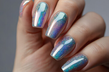 Close-up view of holographic manicure with sparkling gradient colors.