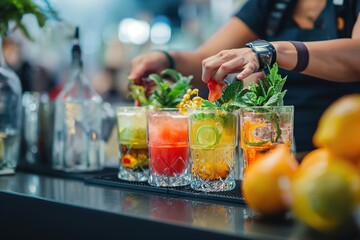A skilled bartender diligently creates a range of delicious cocktails with precision.