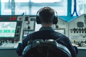 technician wearing a headset while sitting at a control desk