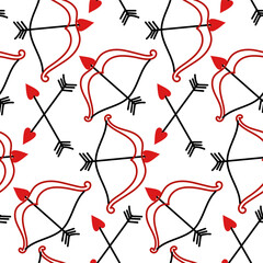 Pattern of arrows and a bow with a stretched string are made in the style of red doodles. Ornament of bow shooters with arrows in the shape of a heart. Texture for Valentine's Day bow, cupid shooting