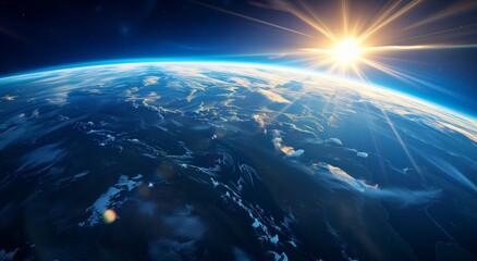 Fototapeta na wymiar Majestic View of Earth from Space Backdrop with Radiant Sunrise Background