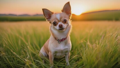 Chihuahua, dog at dawn, purebred dog in nature, happy dog, beautiful dog