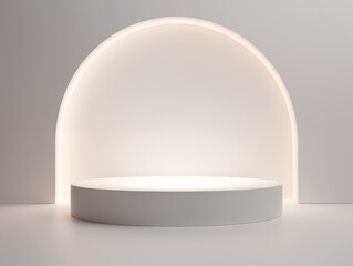 White podium for product presentation backdrop. Illuminated arch