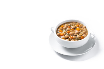 Chickpeas soup with vegetables in bowl isolated on white background. Copy space