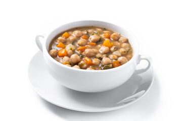 Chickpeas soup with vegetables in bowl isolated on white background
