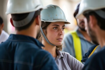 female construction worker in a hard hat among male colleagues