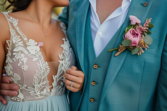couple matching corsage and boutonniere on outfits