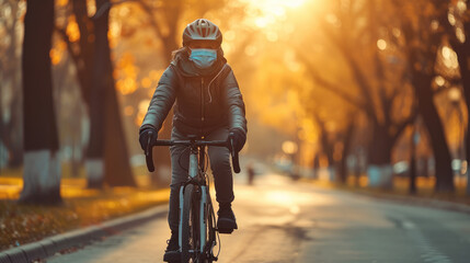 A cyclist wearing comfortable blue face mask riding through a city park, golden hour sunlight....