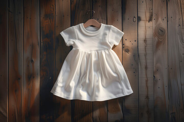Mockup of white baby dress on wooden background. Blank baby clothes template, flat lay.