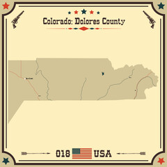 Large and accurate map of Dolores County, Colorado, USA with vintage colors.