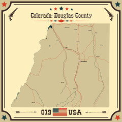 Large and accurate map of Douglas County, Colorado, USA with vintage colors.
