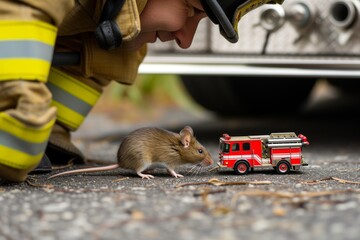 firefighter with mouse beside mini fire truck - obrazy, fototapety, plakaty
