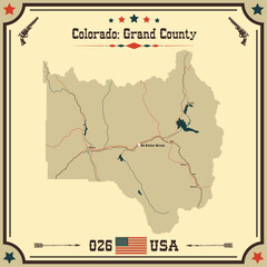 Large and accurate map of Grand County, Colorado, USA with vintage colors.