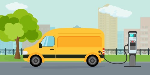 L'auto  sportiva elettrica furgone camion si sta caricando sullo sfondo di un paesaggio urbano astratto. Illustrazione  in stile piatto. - illustrazioni